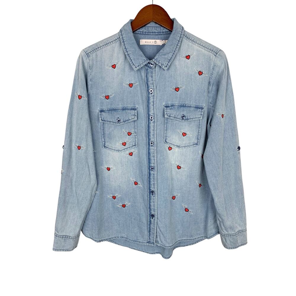 Billy T Denim Shirt Love Wing Flying Hearts Embroidery Light Blue Wash Women's M